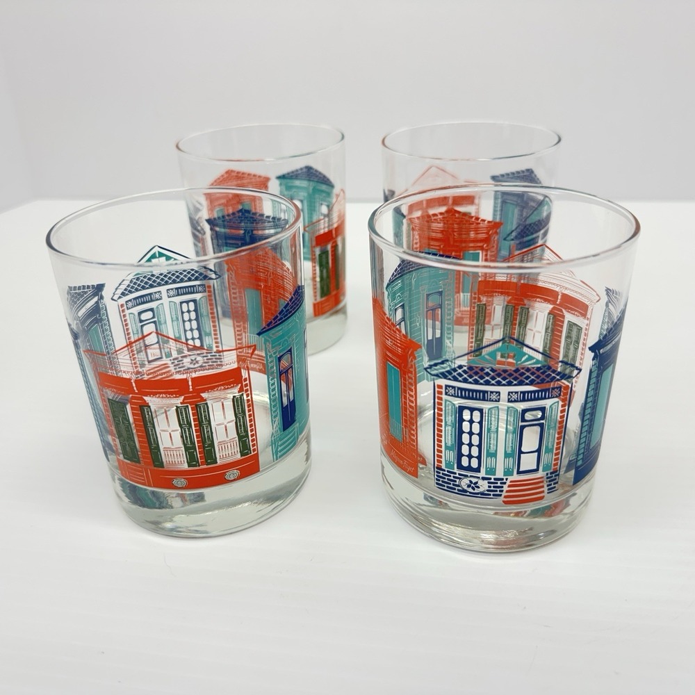 Mignon Faget French Quarter House Rock Glasses Set of 4 New Orleans Colorful
